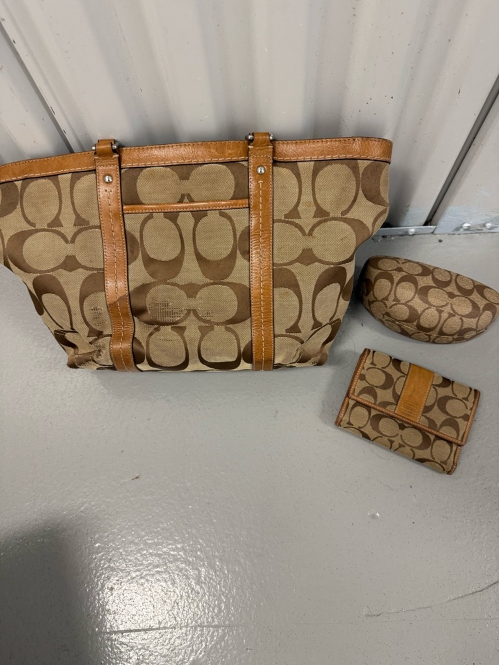 Coach Khaki and Tan Signature Canvas Tote with Wallet and Sunglasses Case